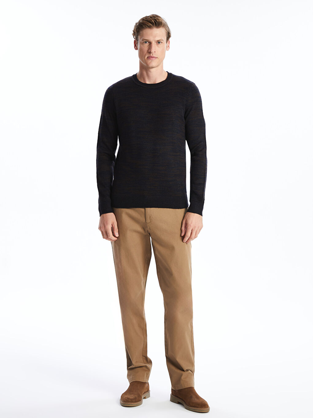 Kahverengi Bisiklet Yaka Desenli Erkek Triko Kazak-3