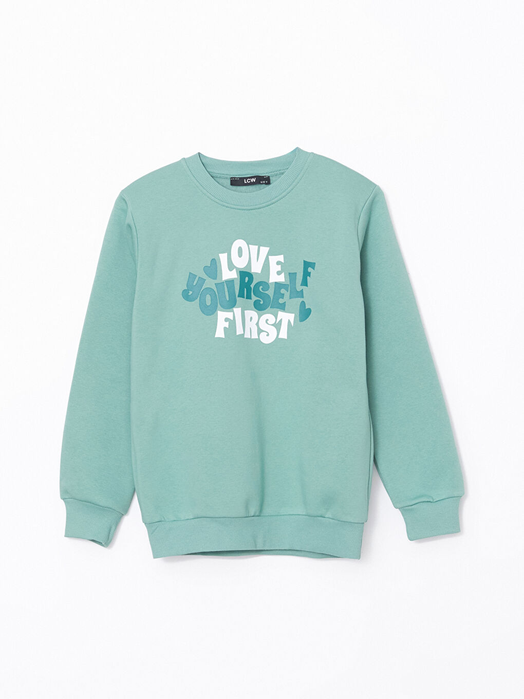 LCW Kids Yeşil Bisiklet Yaka Baskılı Kız Çocuk Sweatshirt