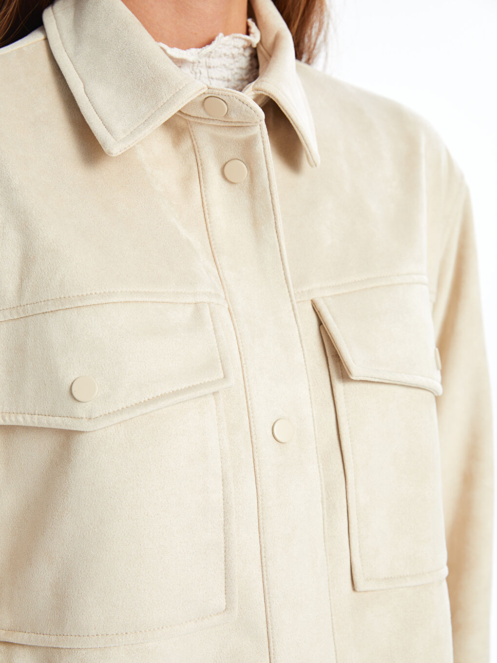 Gri Gömlek Yaka Kadın Süet Görünümlü Ceket-5