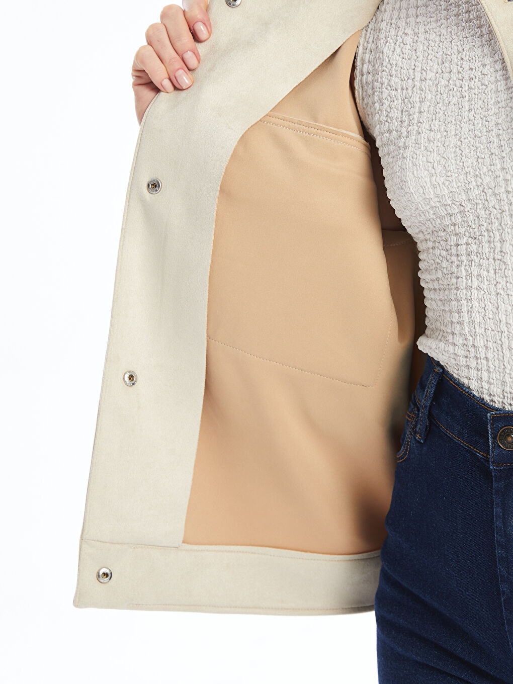 Gri Gömlek Yaka Kadın Süet Görünümlü Ceket-7