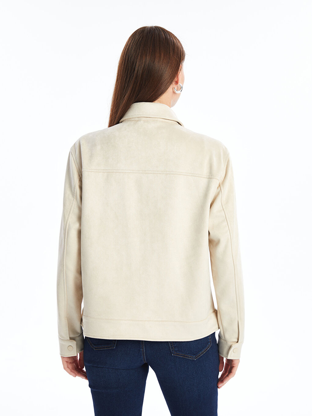 Gri Gömlek Yaka Kadın Süet Görünümlü Ceket-8