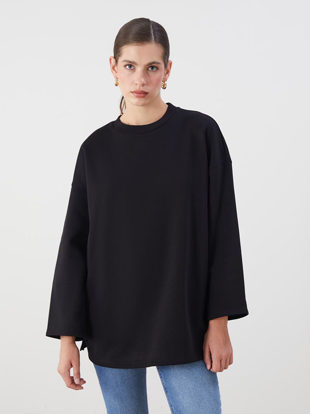 Siyah Bisiklet Yaka Oversize Kadın Kalın Sweatshirt Tunik
