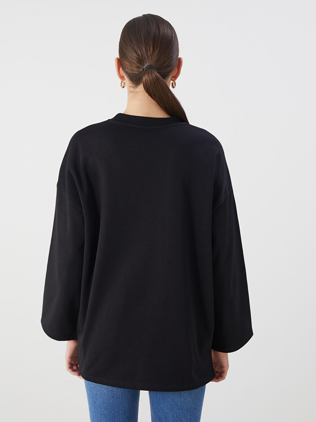 Siyah Bisiklet Yaka Oversize Kadın Kalın Sweatshirt Tunik-3