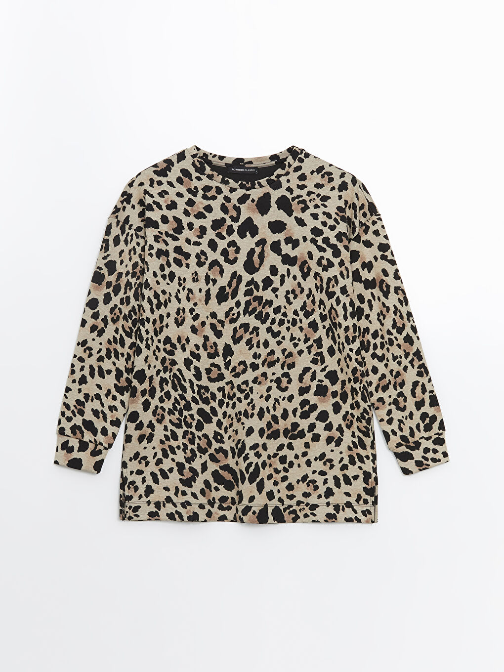 Bej Bisiklet Yaka Leopar Desenli Oversize Kadın Sweatshirt Tunik-4