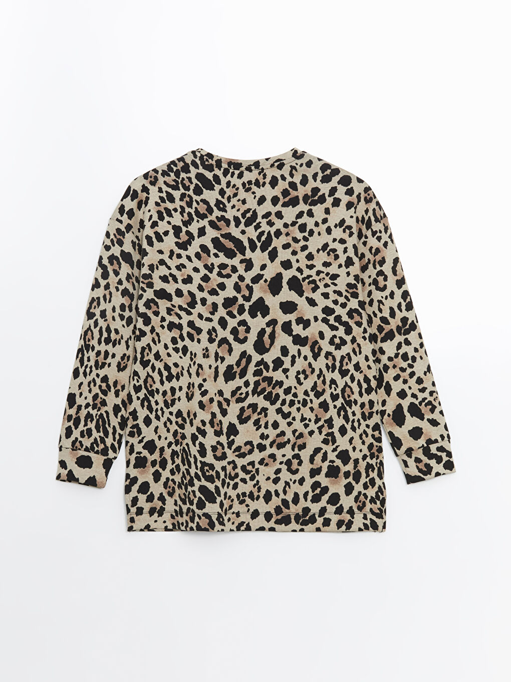 Bej Bisiklet Yaka Leopar Desenli Oversize Kadın Sweatshirt Tunik-5