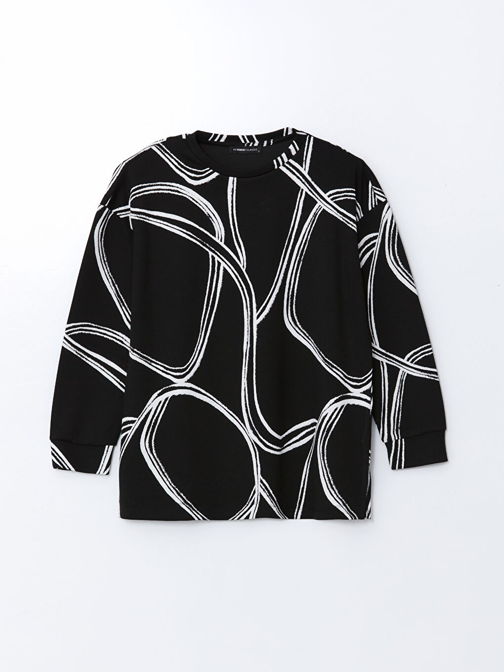 Siyah Bisiklet Yaka Desenli Oversize Kadın Sweatshirt-4