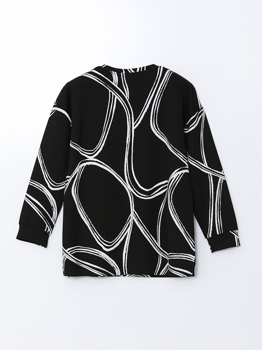 Siyah Bisiklet Yaka Desenli Oversize Kadın Sweatshirt-5