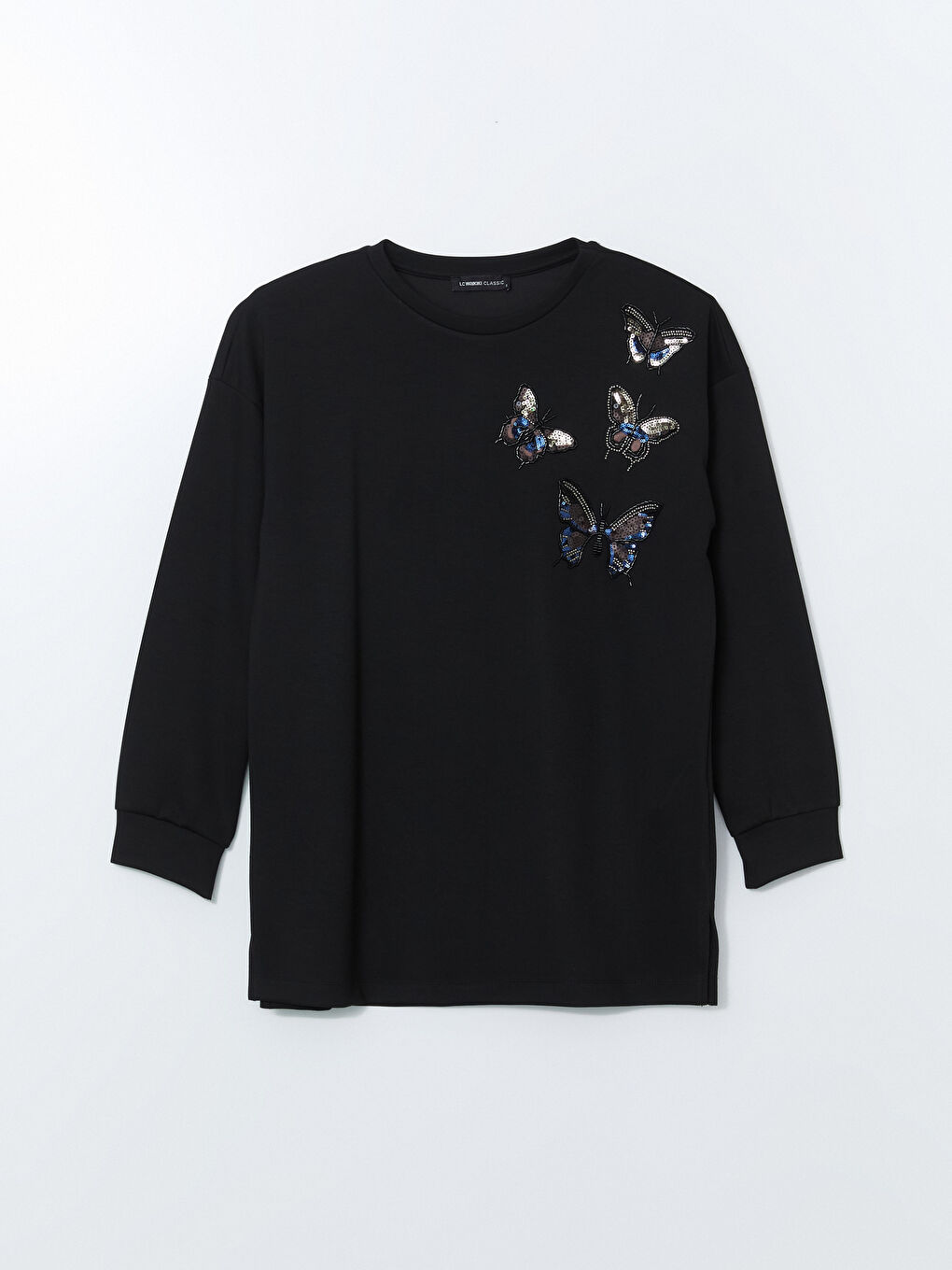 Siyah Bisiklet Yaka İşlemeli Oversize Kadın Sweatshirt Tunik-4