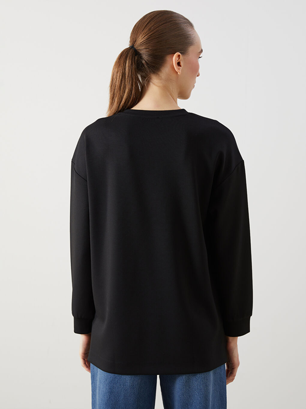 Siyah Bisiklet Yaka Taşlı Oversize Kadın Sweatshirt Tunik-3