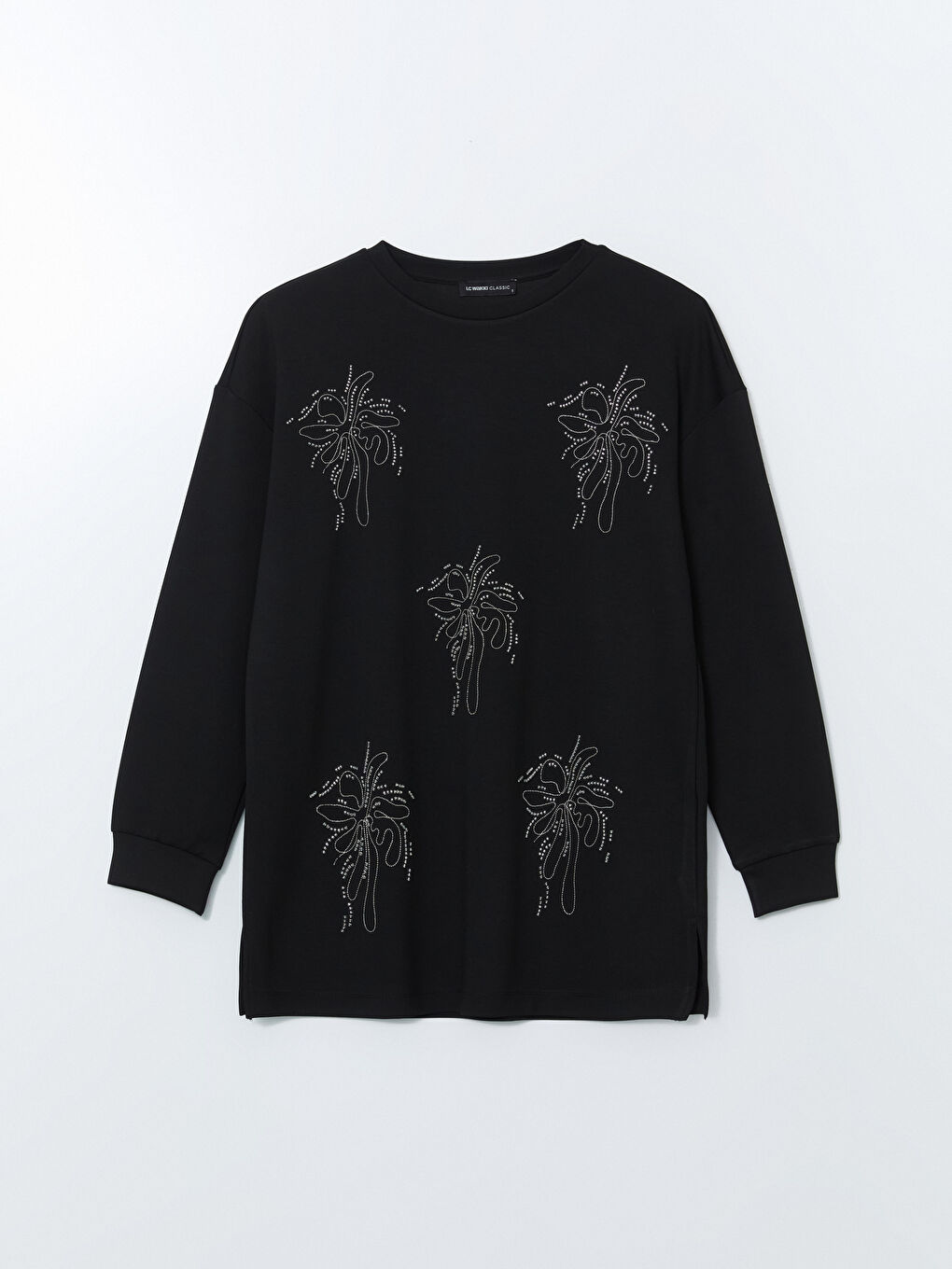 Siyah Bisiklet Yaka Taşlı Oversize Kadın Sweatshirt Tunik-4