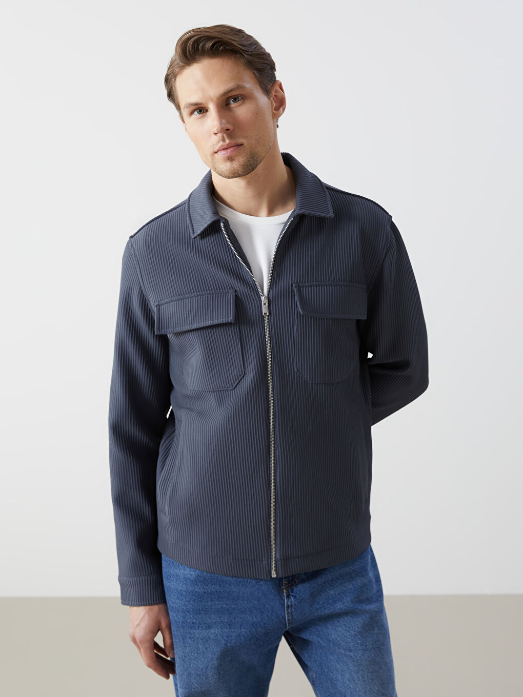 Slim Fit Collared Neck Men's Coat -W4LR50Z8-DUJ