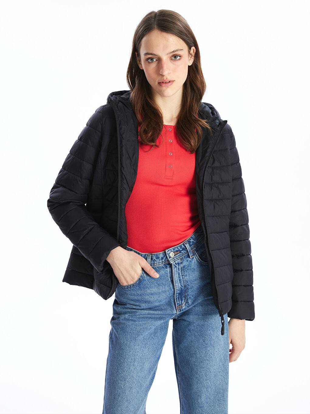 Siyah Kadın Kapüşonlu Düz Şişme Mont-2