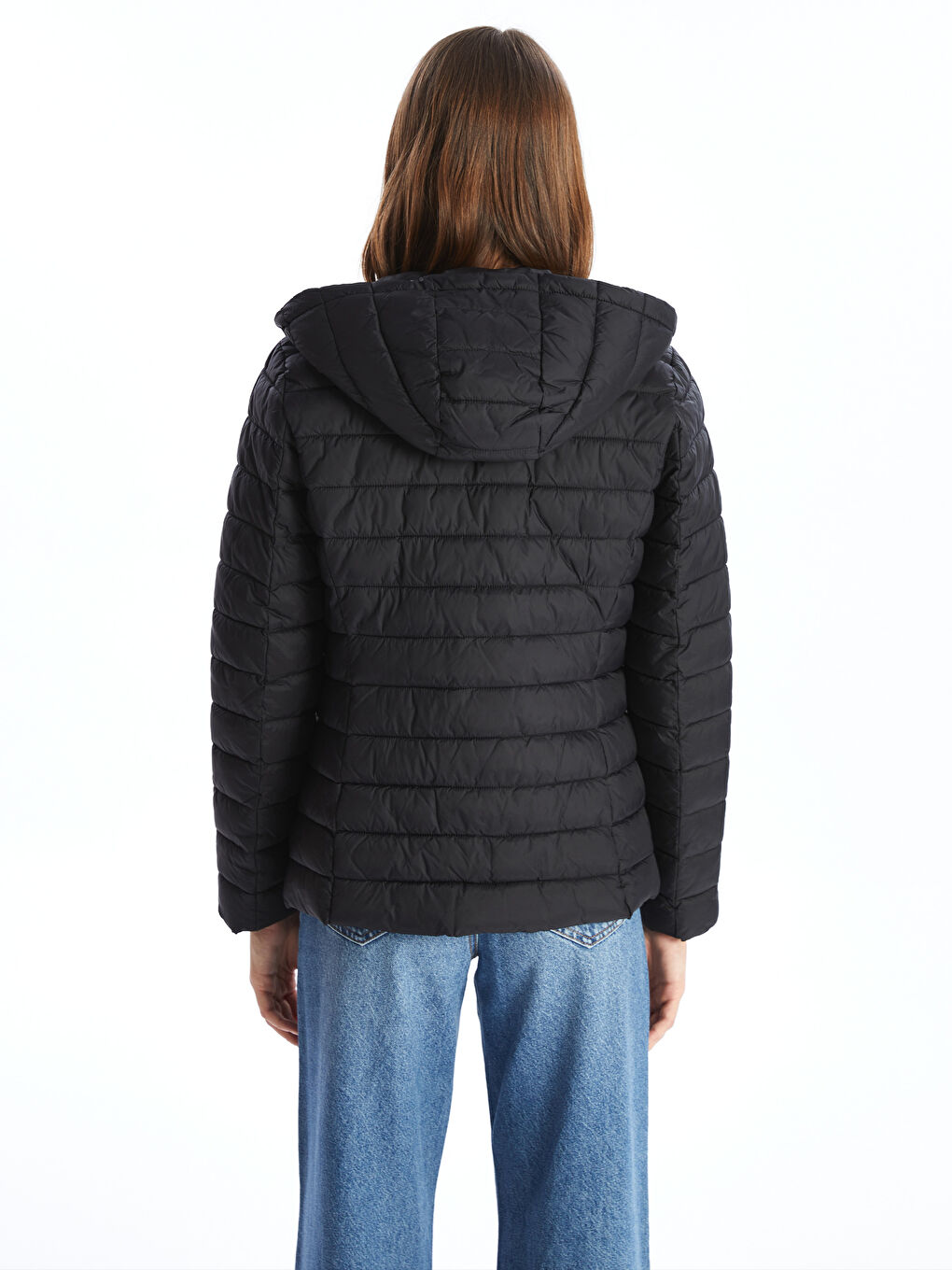 Siyah Kadın Kapüşonlu Düz Şişme Mont-8