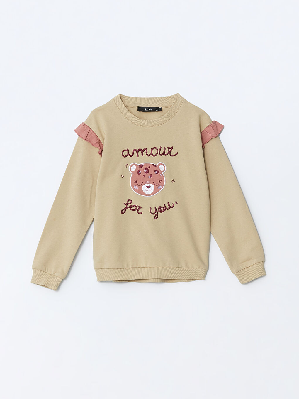 LCW Kids Ekru Bisiklet Yaka Uzun Kollu Baskılı Kız Bebek Sweatshirt