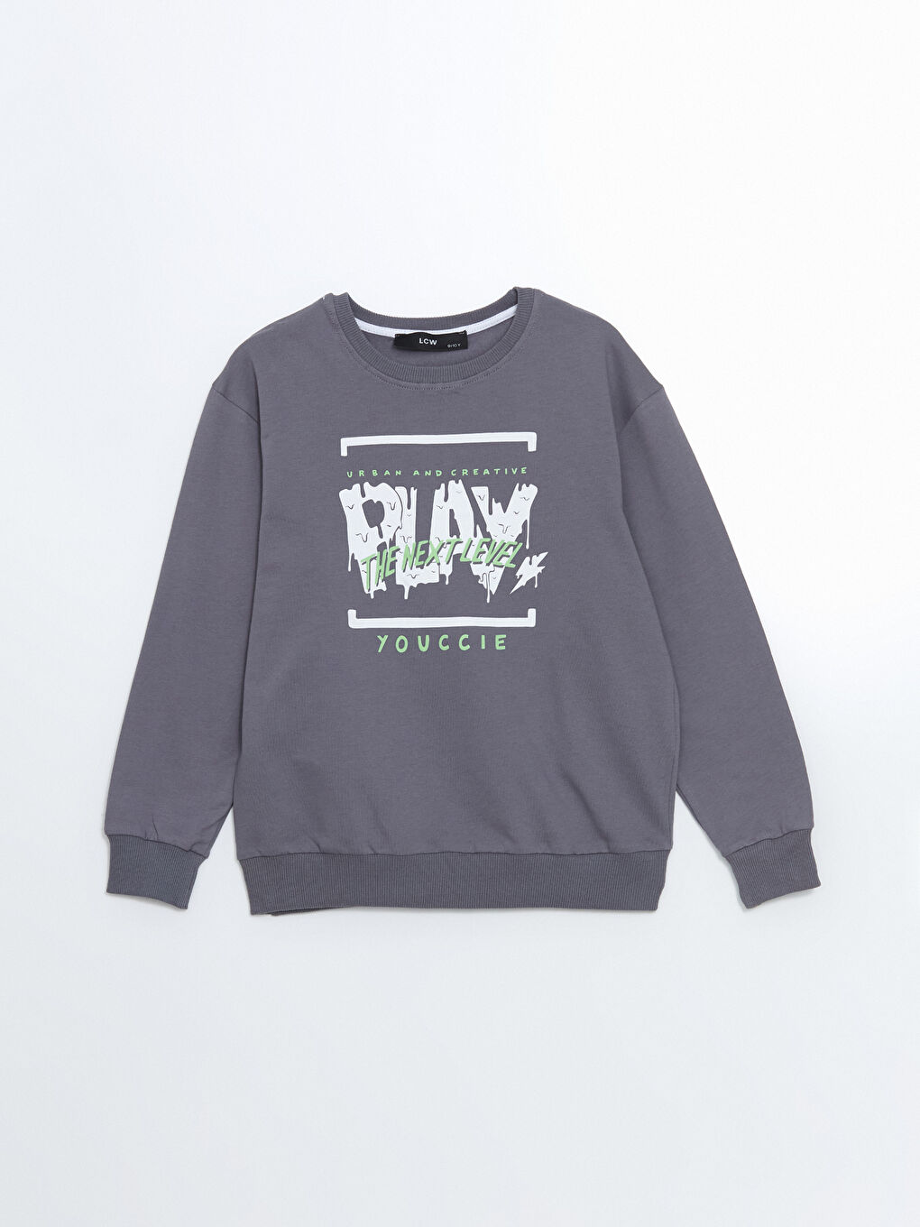 LCW Kids Gri Bisiklet Yaka Baskılı Erkek Çocuk Sweatshirt