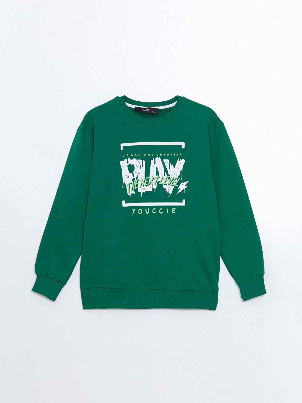 LCW Kids Yeşil Bisiklet Yaka Baskılı Erkek Çocuk Sweatshirt