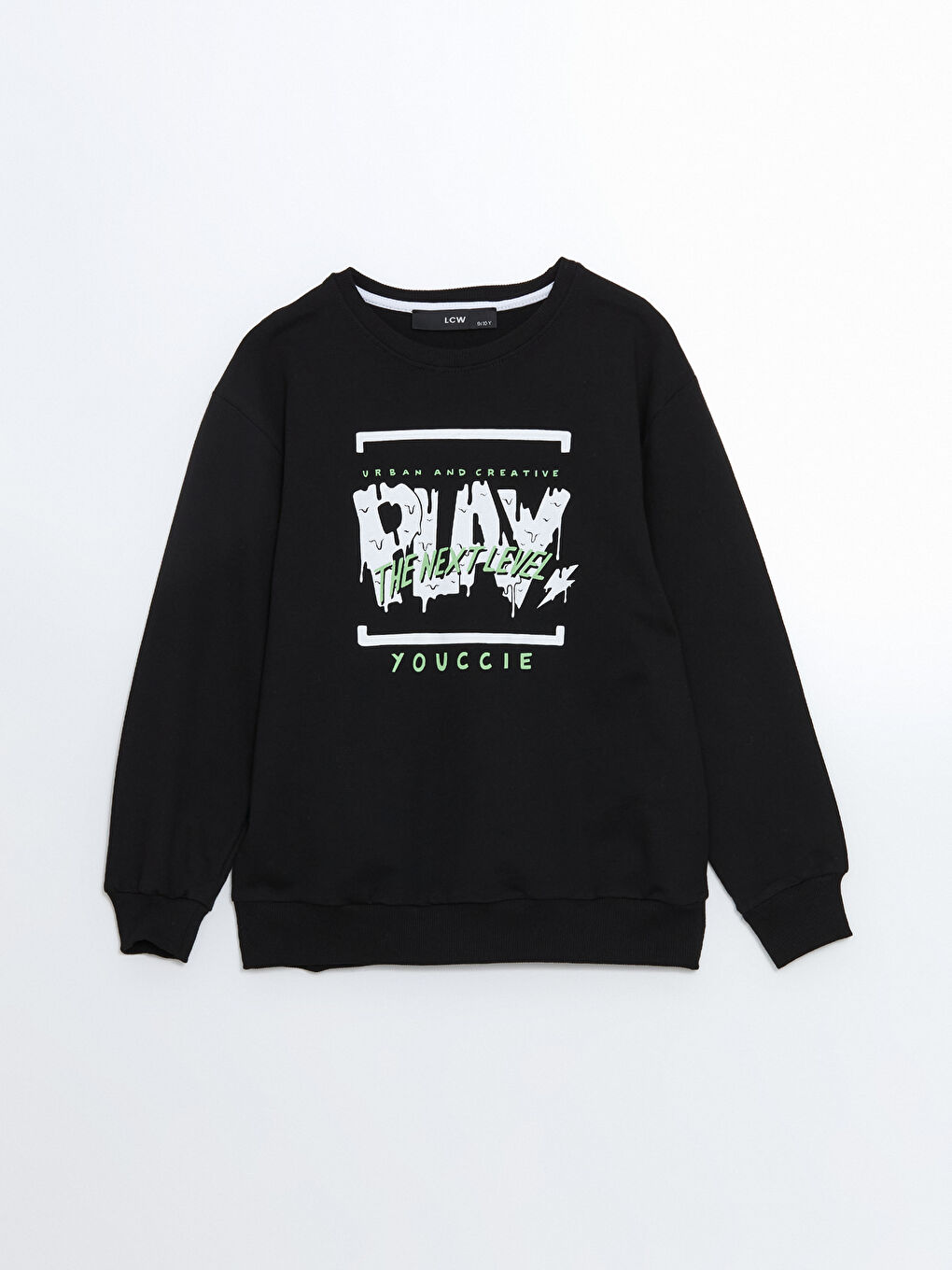 LCW Kids Siyah Bisiklet Yaka Baskılı Erkek Çocuk Sweatshirt