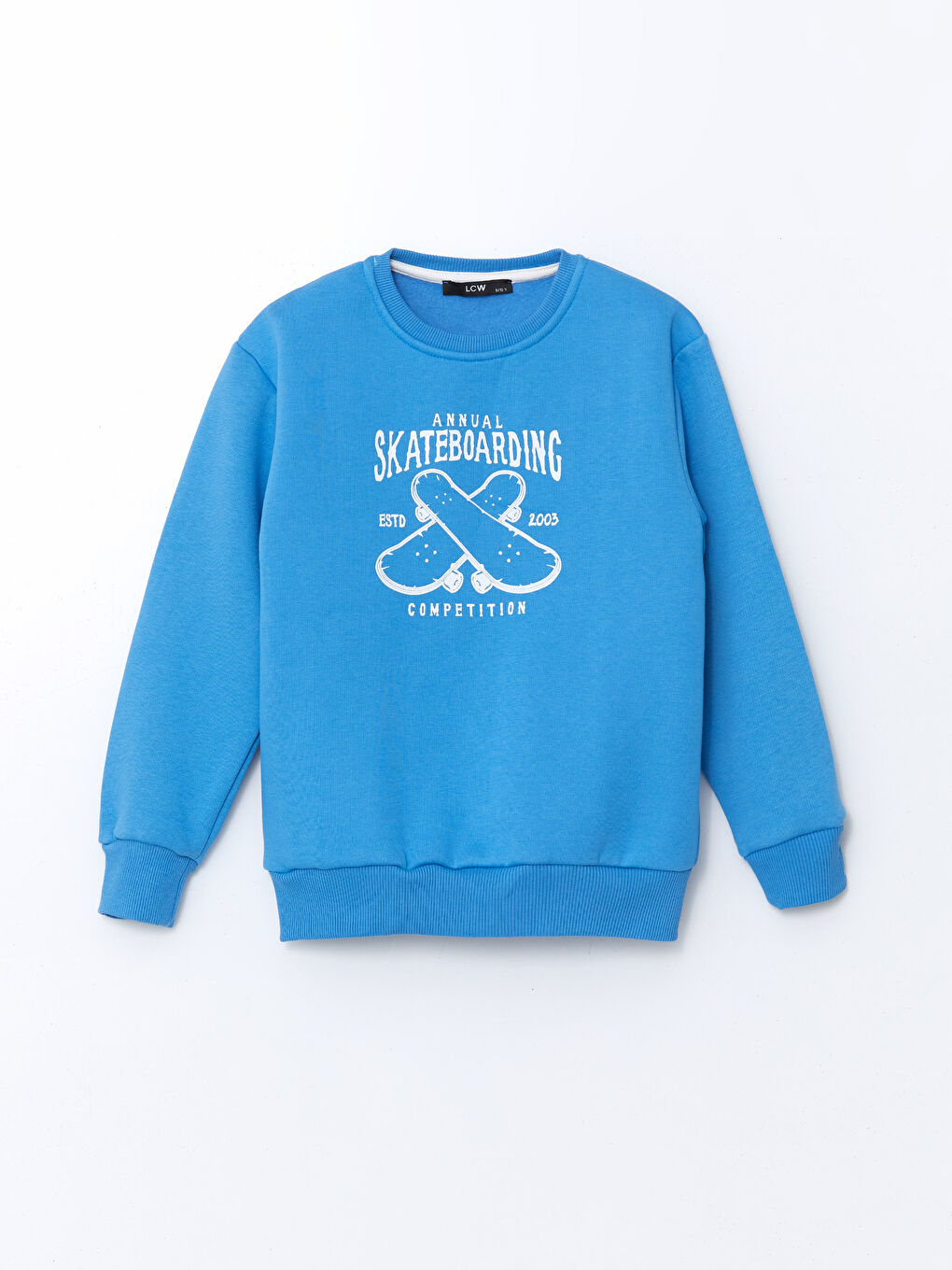 LCW Kids Mavi Bisiklet Yaka Baskılı Erkek Çocuk Sweatshirt