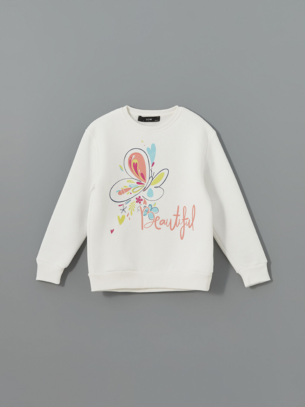 LCW Kids Ekru Bisiklet Yaka Baskılı Kız Çocuk Sweatshirt