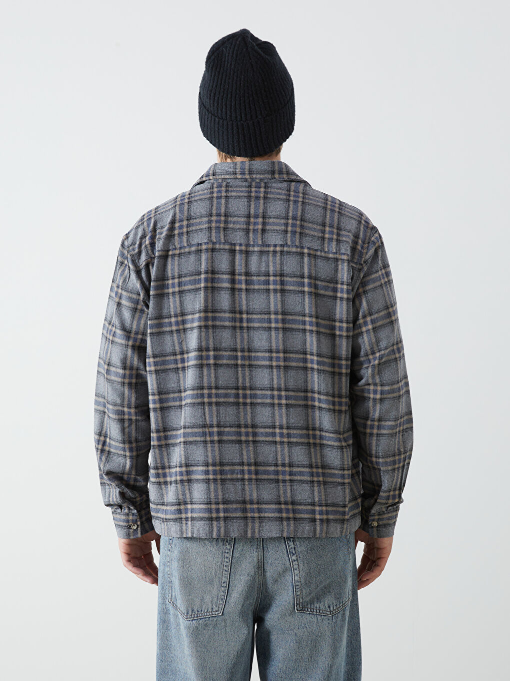 Gri Rahat Kalıp Uzun Kollu Ekose Erkek Gömlek-6