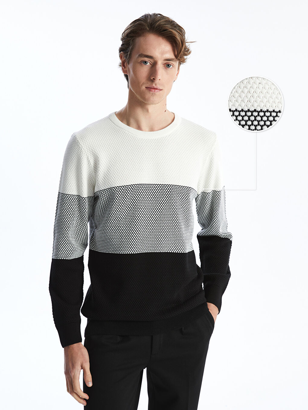 Siyah Bisiklet Yaka Uzun Kollu Renk Bloklu Erkek Triko Kazak