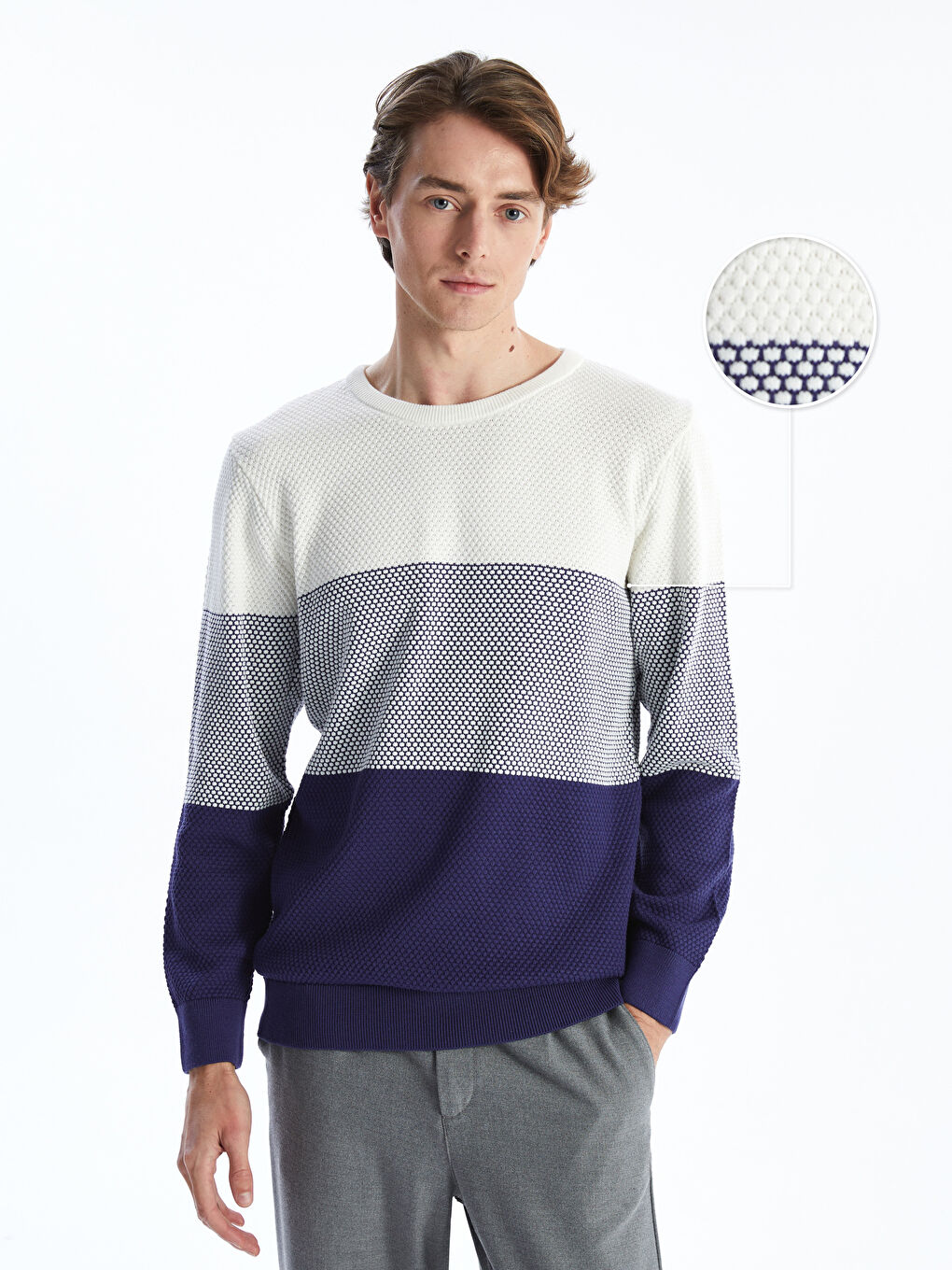 Mor Bisiklet Yaka Uzun Kollu Renk Bloklu Erkek Triko Kazak