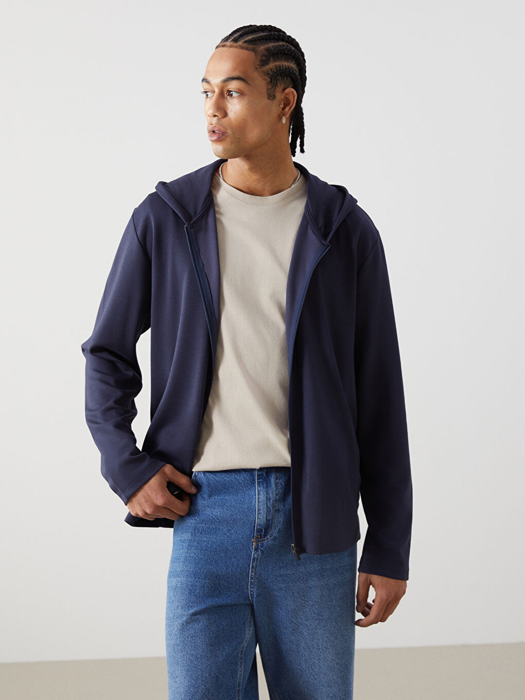 İndigo Kapüşonlu Uzun Kollu Erkek Fermuarlı Sweatshirt