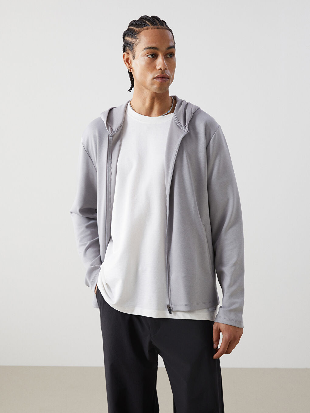XSIDE ACTIVE Gri Kapüşonlu Uzun Kollu Erkek Fermuarlı Sweatshirt