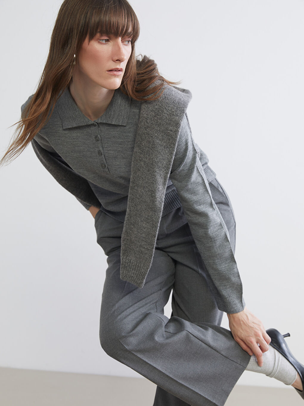 Gri Polo Yaka Kadın Triko Kazak-1