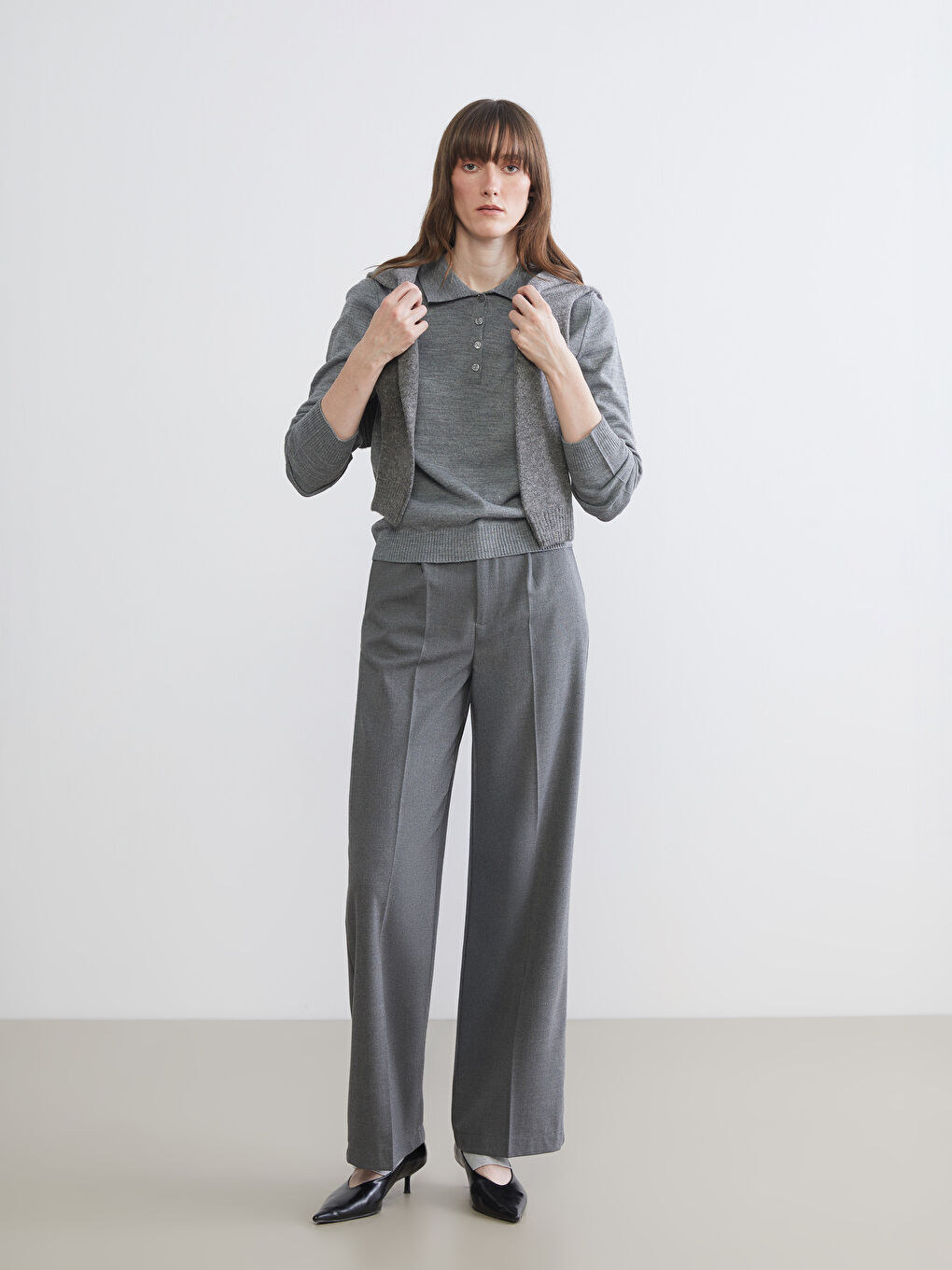 Gri Polo Yaka Kadın Triko Kazak-2