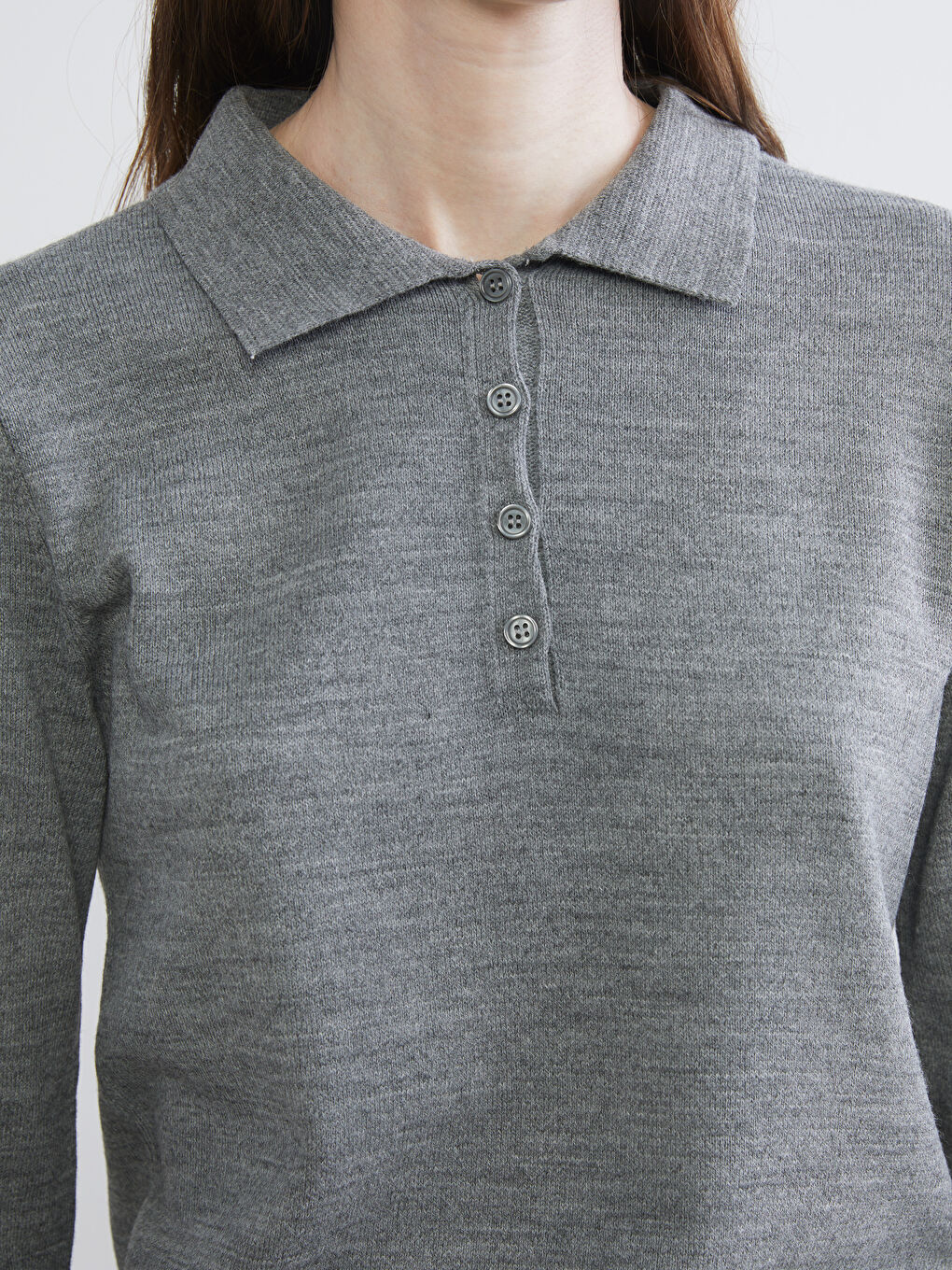 Gri Polo Yaka Kadın Triko Kazak-4