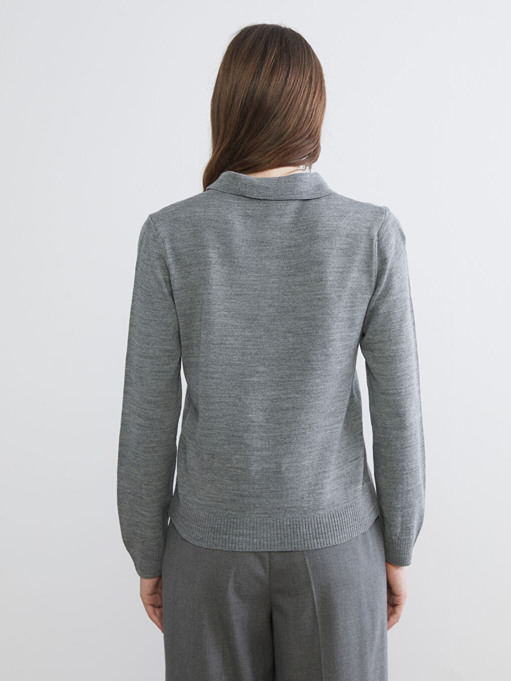 Gri Polo Yaka Kadın Triko Kazak-6
