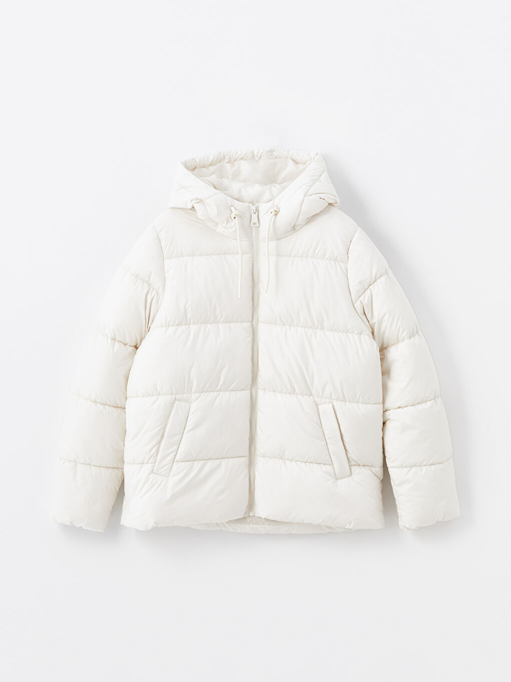 Ekru Kapüşonlu Kadın Şişme Mont-11