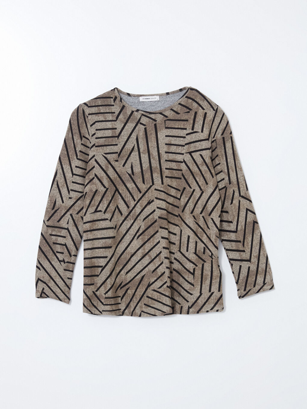 Bej Bisiklet Yaka Desenli Kadın Bluz-4