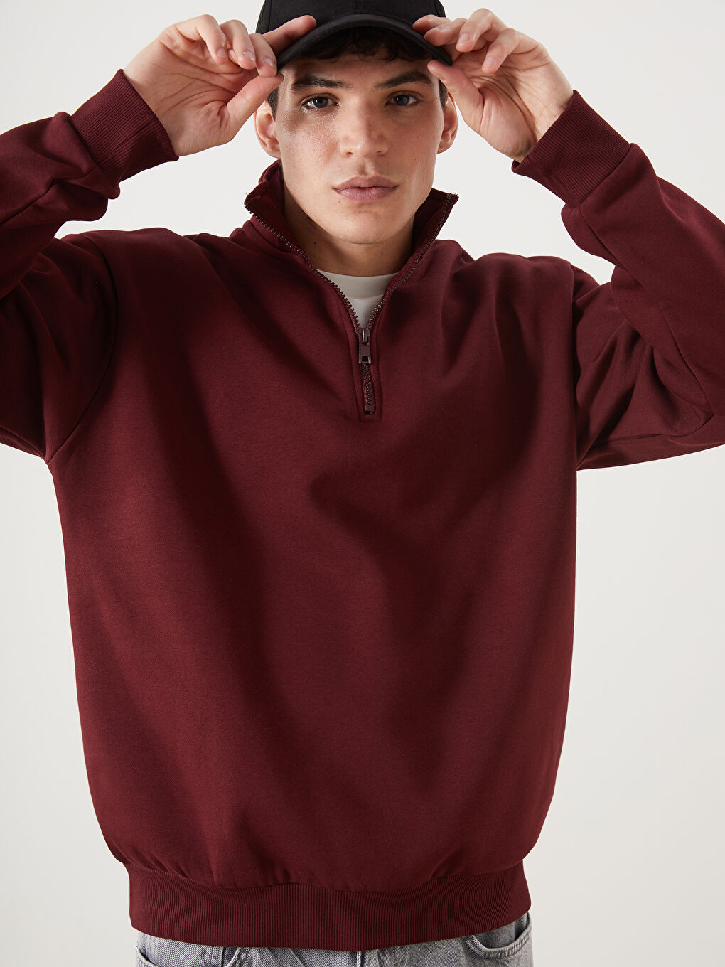 XSIDE Bordo Dik Yaka Uzun Kollu Kalın Erkek Sweatshirt