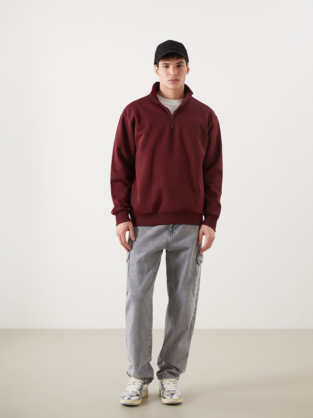 XSIDE Bordo Dik Yaka Uzun Kollu Kalın Erkek Sweatshirt - 1