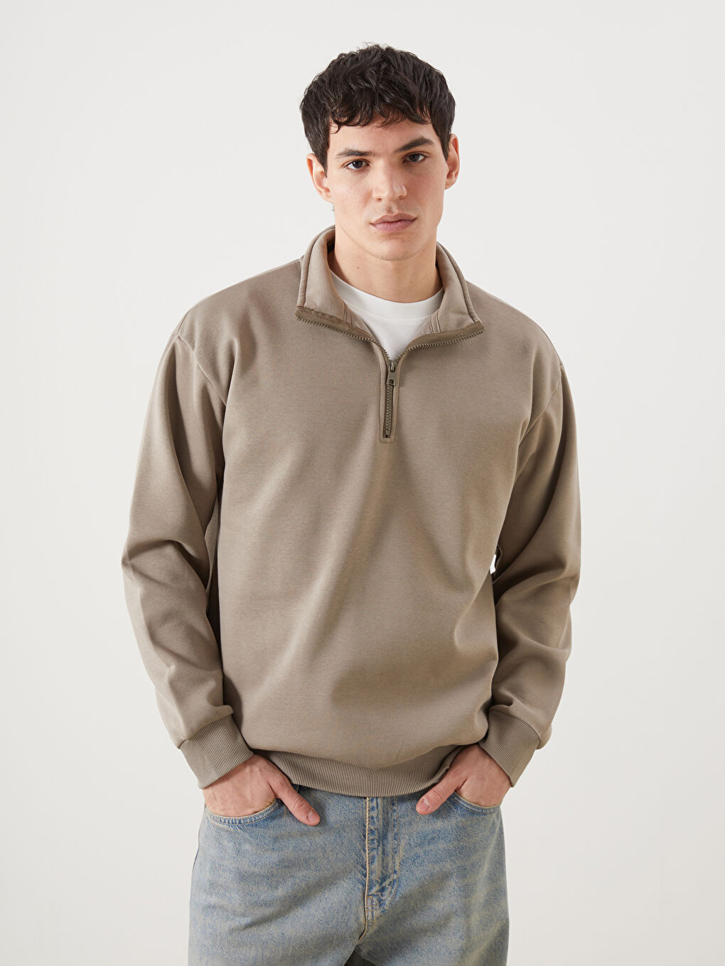 XSIDE Kahverengi Dik Yaka Uzun Kollu Kalın Erkek Sweatshirt