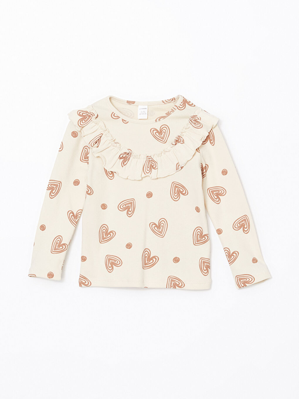 Ekru Bisiklet Yaka Kalp Baskılı Kız Çocuk Tişört
