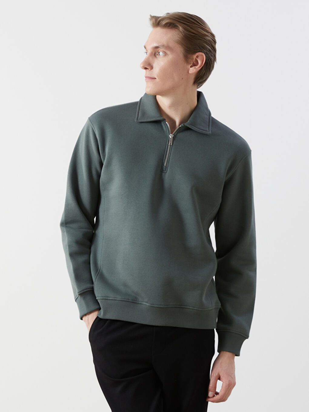 LCW Vision Yeşil Polo Yaka Uzun Kollu Erkek Sweatshirt