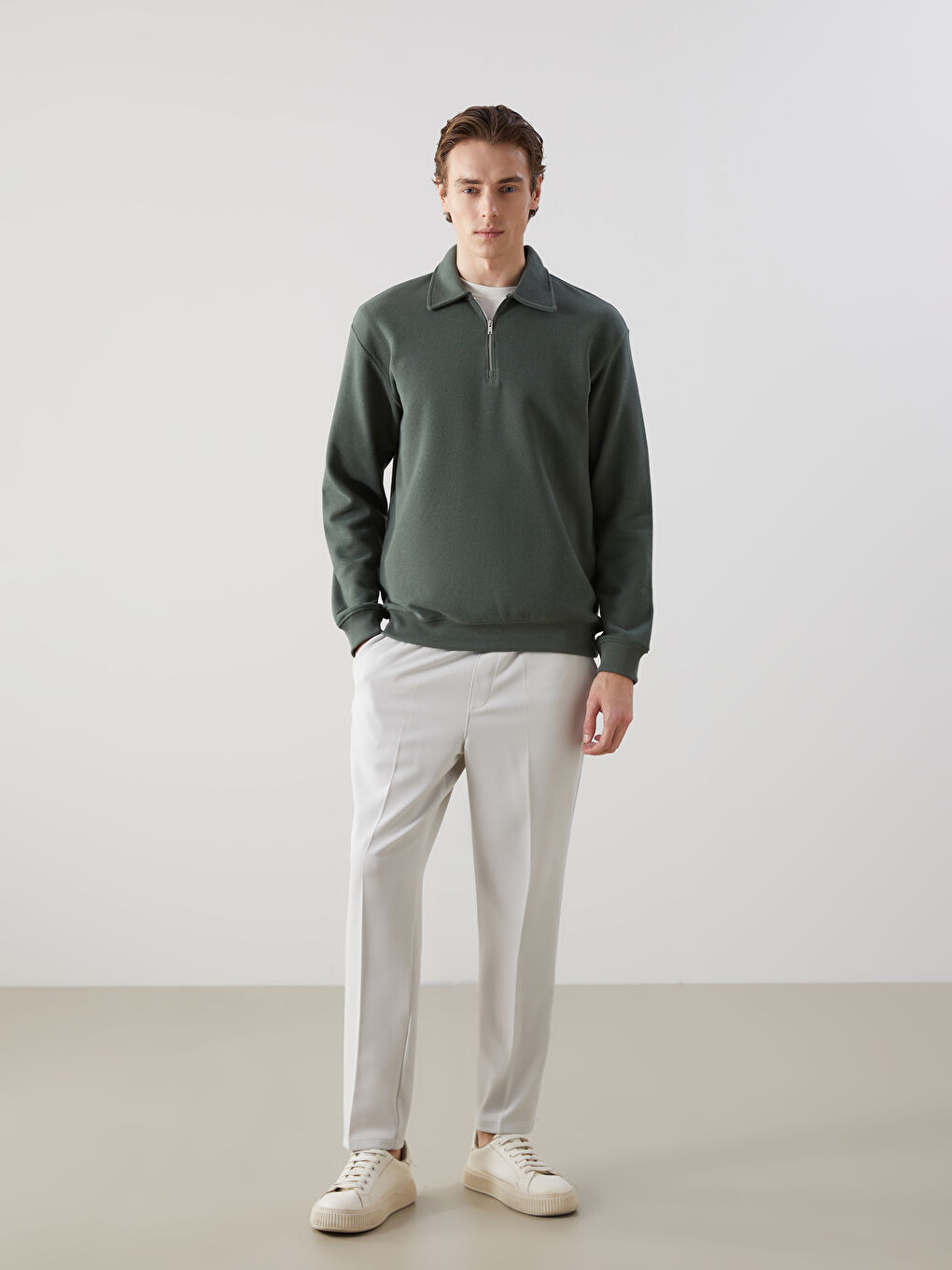 Yeşil Polo Yaka Uzun Kollu Erkek Sweatshirt-1