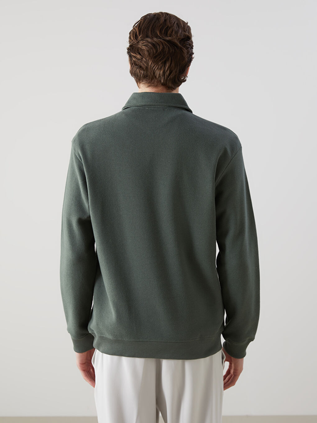 Yeşil Polo Yaka Uzun Kollu Erkek Sweatshirt-3