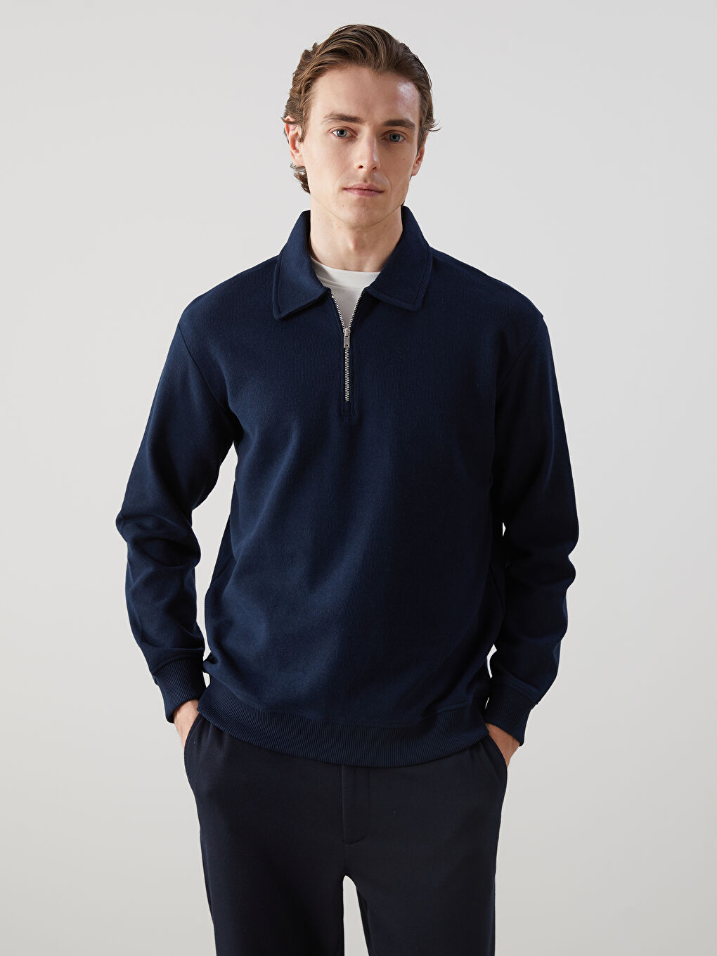 Lacivert Polo Yaka Uzun Kollu Erkek Sweatshirt