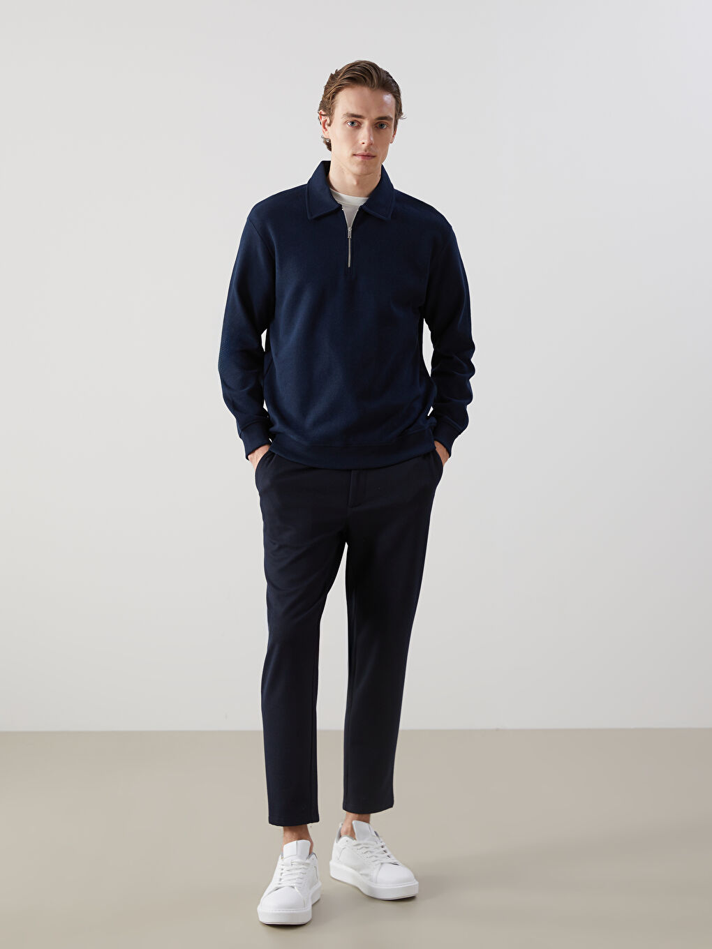 Lacivert Polo Yaka Uzun Kollu Erkek Sweatshirt-1