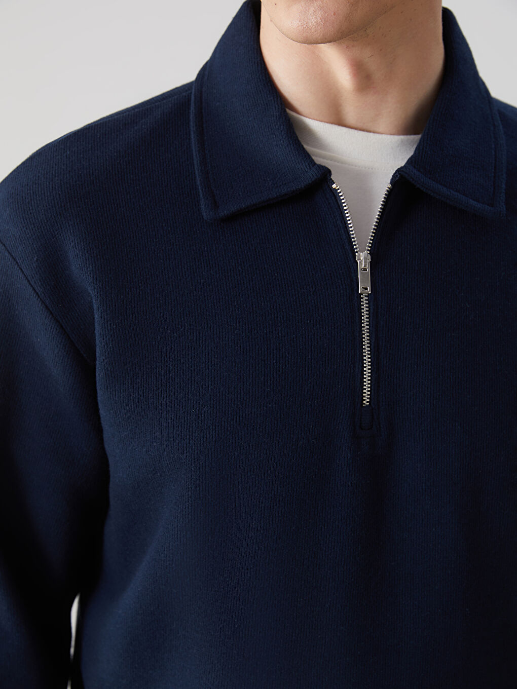 Lacivert Polo Yaka Uzun Kollu Erkek Sweatshirt-2