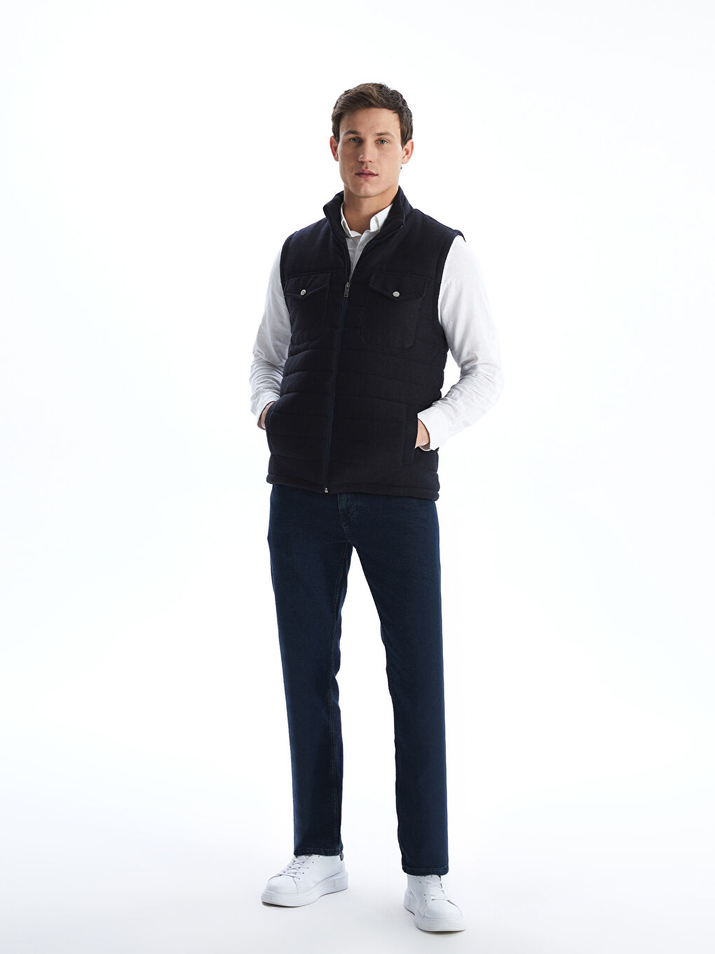 Lacivert Standart Kalıp Dik Yaka Erkek Yelek-1