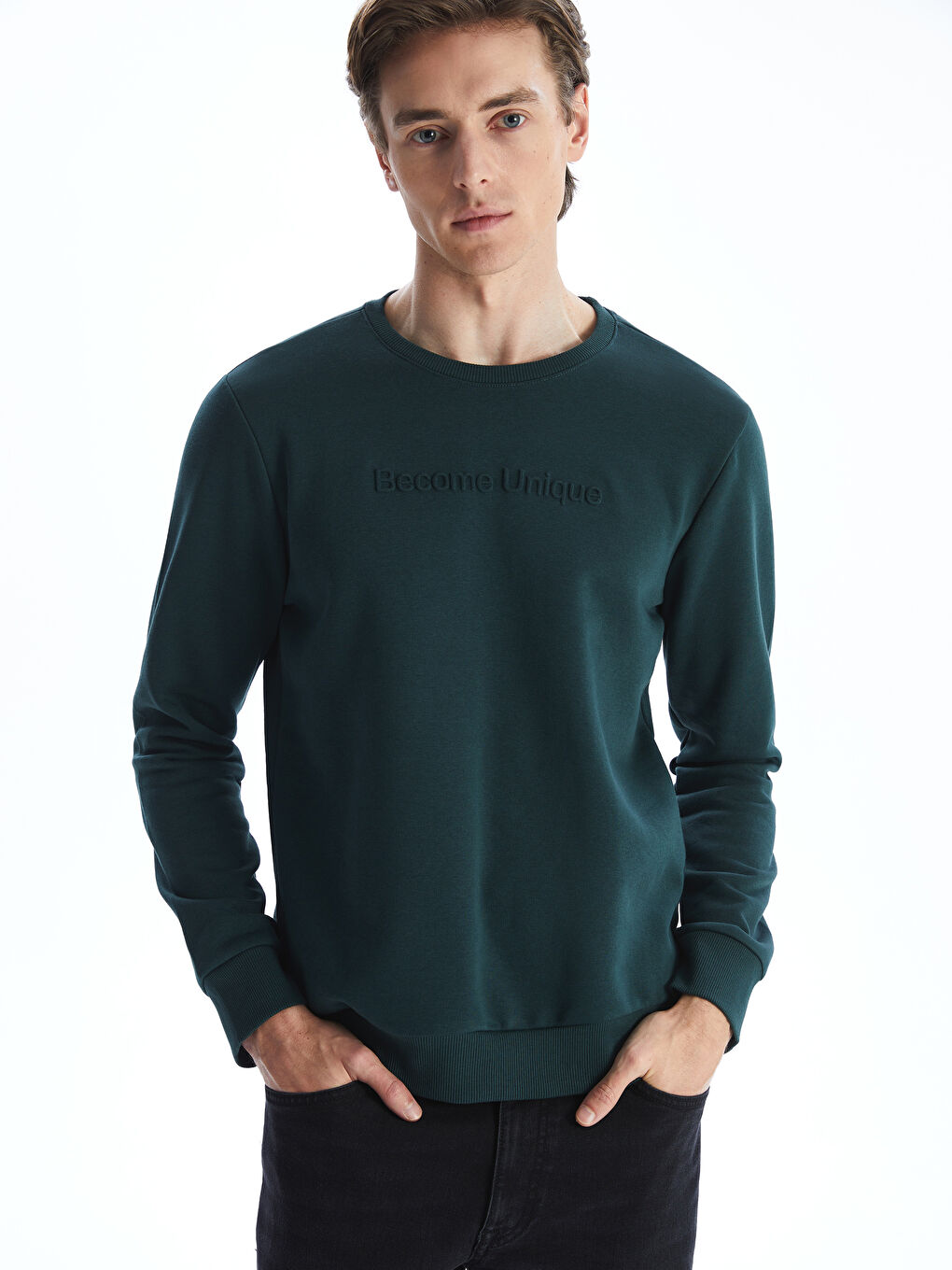 Crew Neck Long Sleeve Thick Men's Sweatshirt -W4LU03Z8-PFN