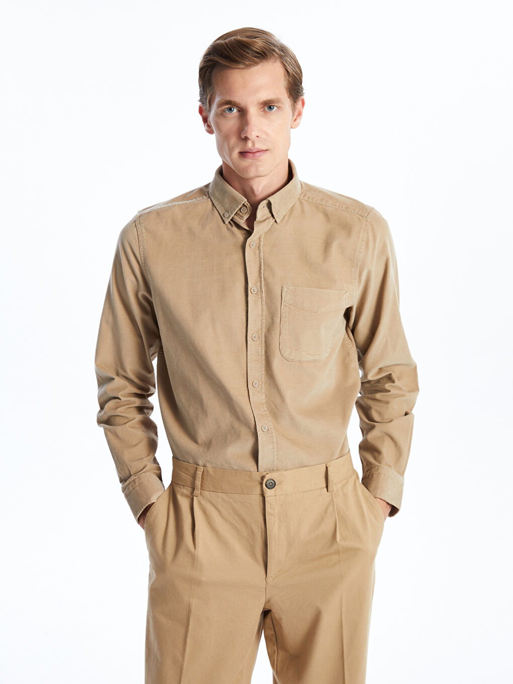 Bej Regular Fit Uzun Kollu Kadife Erkek Gömlek