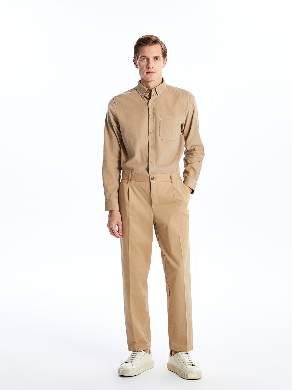 Bej Regular Fit Uzun Kollu Kadife Erkek Gömlek-3