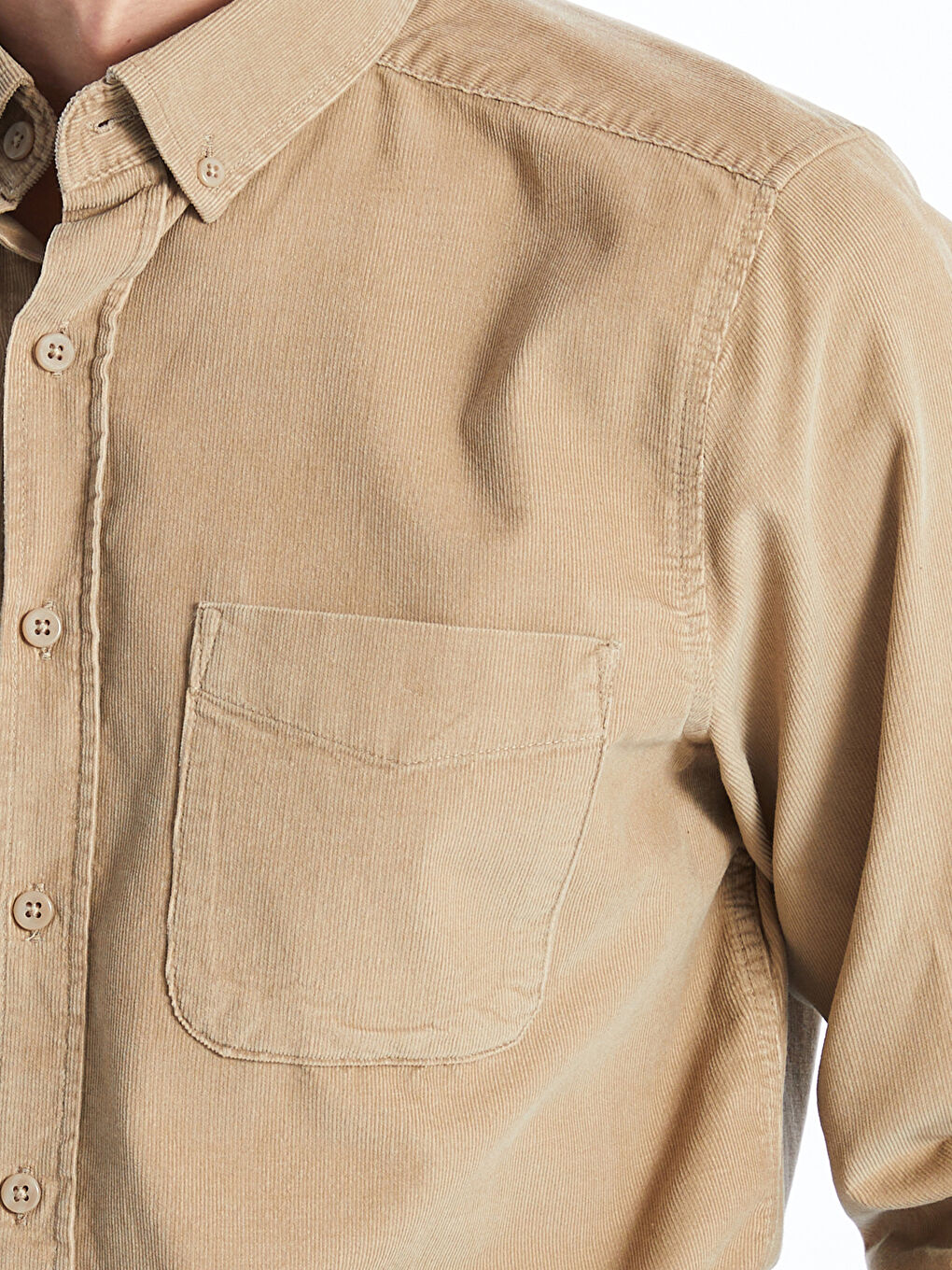 Bej Regular Fit Uzun Kollu Kadife Erkek Gömlek-5