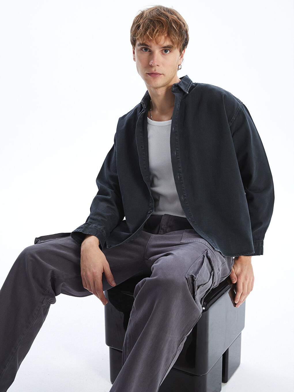 Siyah Rahat Kalıp Uzun Kollu Gabardin Erkek Gömlek Ceket